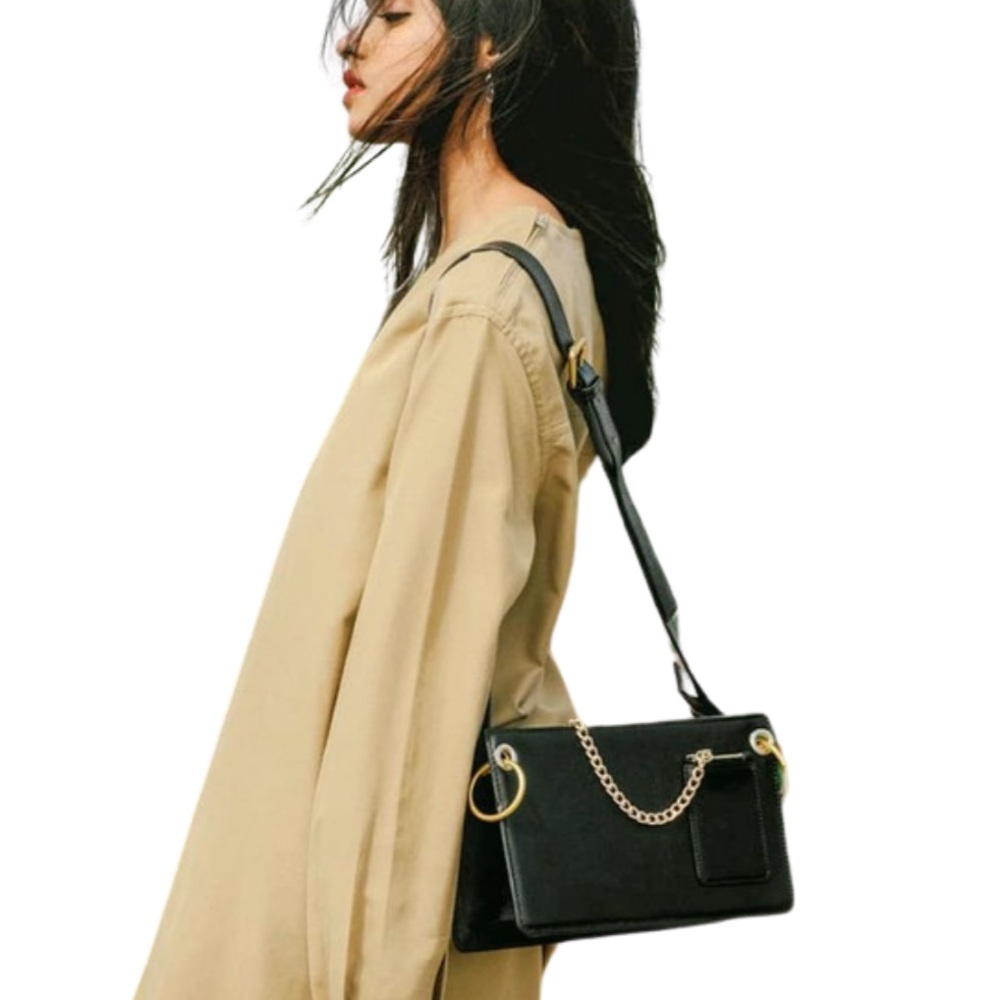Paris Yin Lola Black Handbag with Gold Hardware Chain & Hoops | Leather strap